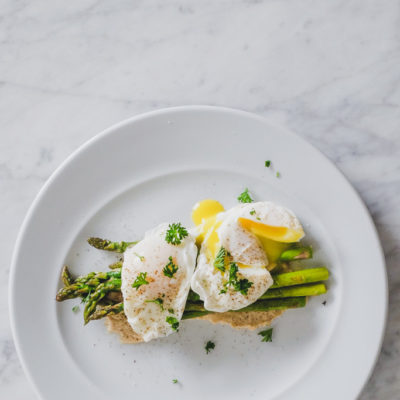 Poached Eggs Over Pan-Fried Asparagus and Homemade Hummus