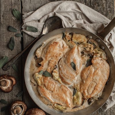 Chicken in Cream with Mushrooms and Fried Artichokes