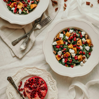 Seared Kale Salad with Roasted Acorn Squash and Pomegranates