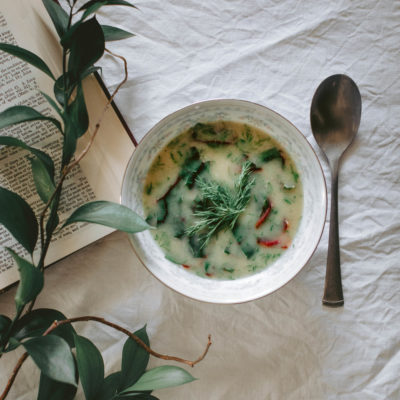 Potato Leek Soup with Roasted Garlic and Swiss Chard