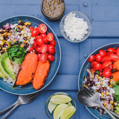 Vegetarian Rice Bowls with Charred Corn and Roasted Sweet Potato