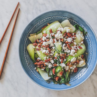 Sauteéd Bok Choy with Browned Butter-Toasted Pecans and Crumbled Feta