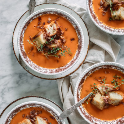 Roasted Tomato Soup with Croutons and Fried Prosciutto